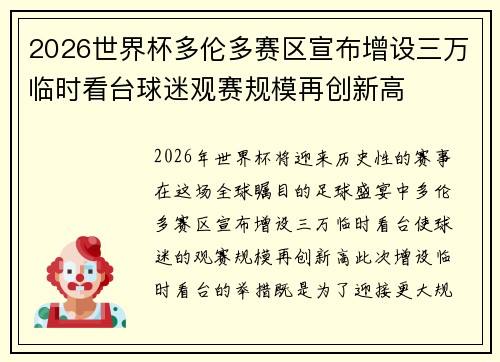 2026世界杯多伦多赛区宣布增设三万临时看台球迷观赛规模再创新高 2026世界杯多伦多赛区宣布增设三万临时看台球迷观赛规模再创新高